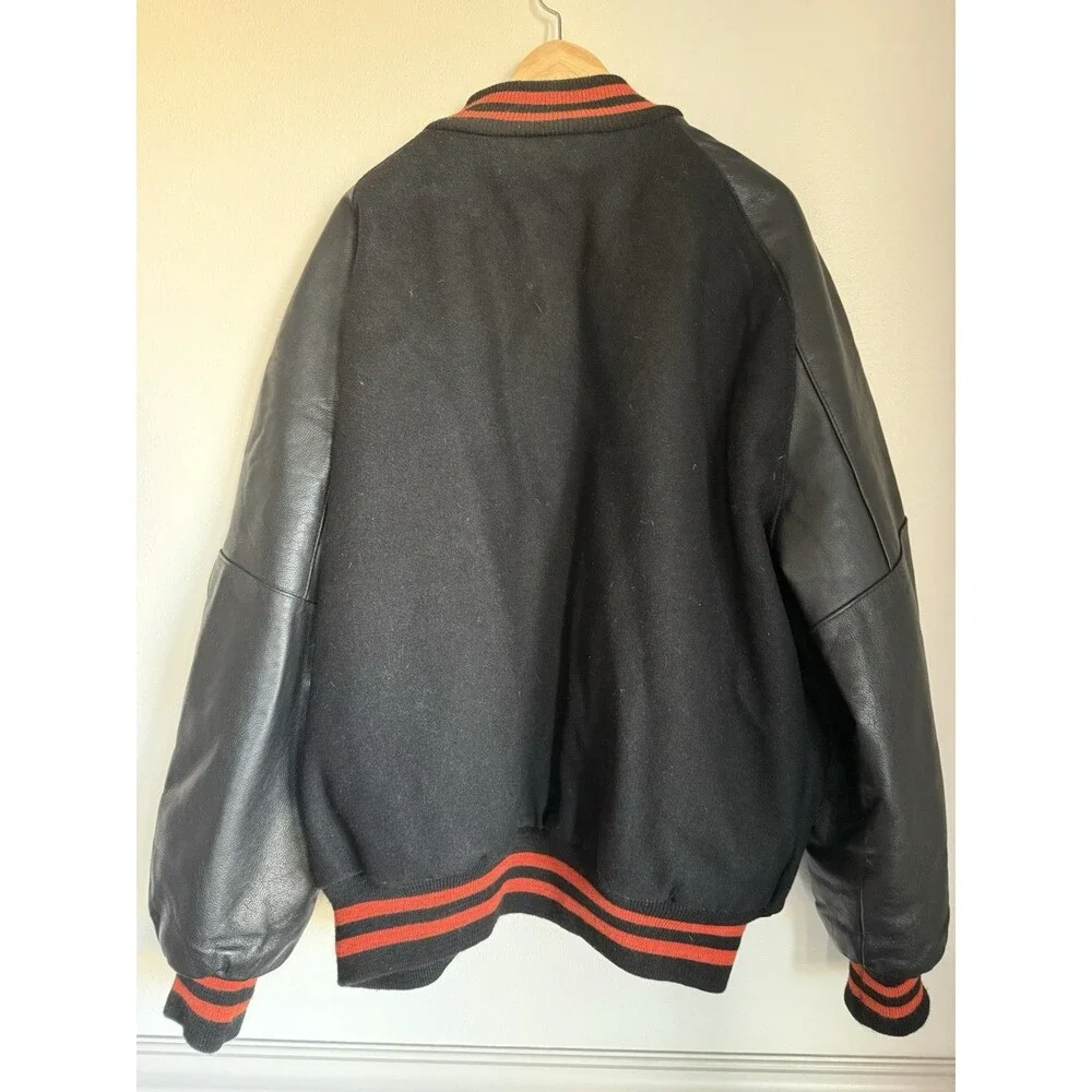 Vintage DeLONG Varsity Jacket 3XL Black Red Leather Sleeves USA Made - Picture 5 of 6